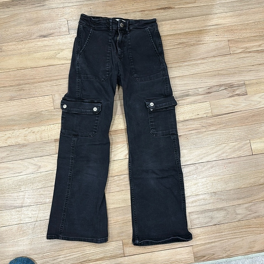 Zara Girls 11-12 Denim Cargo Pants Jeans with Adjustable Waist Black